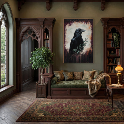 Black Crow Plum Moody Dark Academia wall art in a moody dark academia room – black crow in profile with a small green