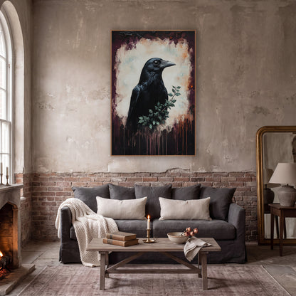 Black Crow Plum Moody Dark Academia wall art in a moody dark academia room – black crow in profile with a small green