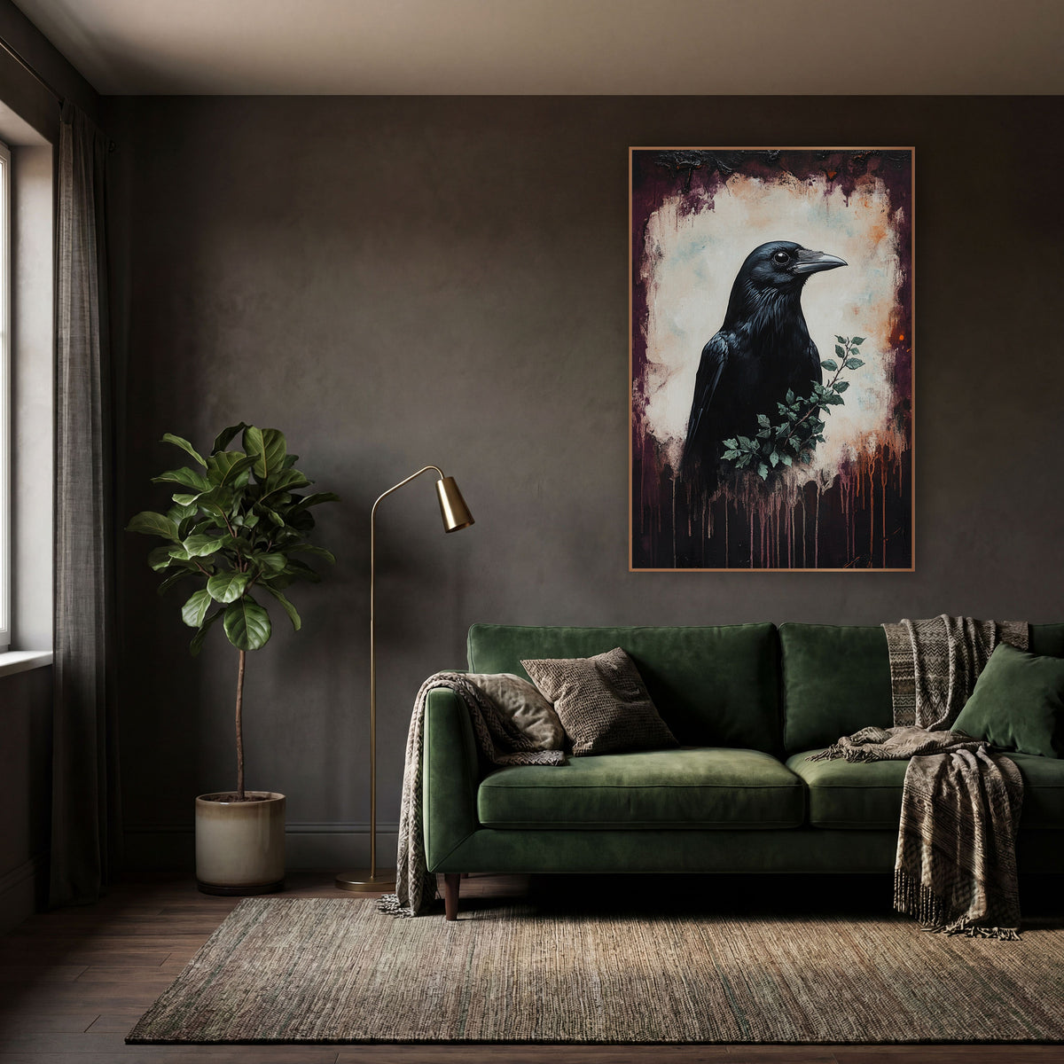 Black Crow Plum Moody Dark Academia wall art in a moody dark academia room – black crow in profile with a small green