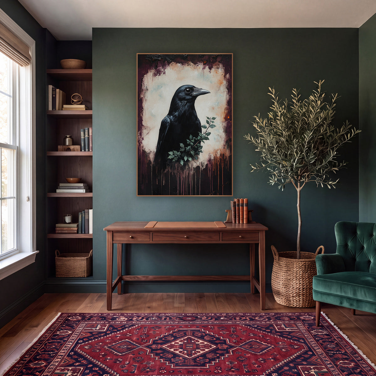 Black Crow Plum Moody Dark Academia wall art in a moody dark academia room – black crow in profile with a small green