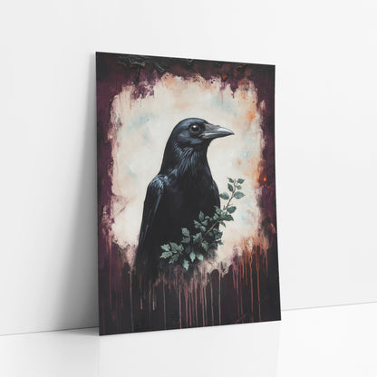 Black Crow Plum Moody Dark Academia art print leaning against a white wall – black crow in profile with a small green leafy