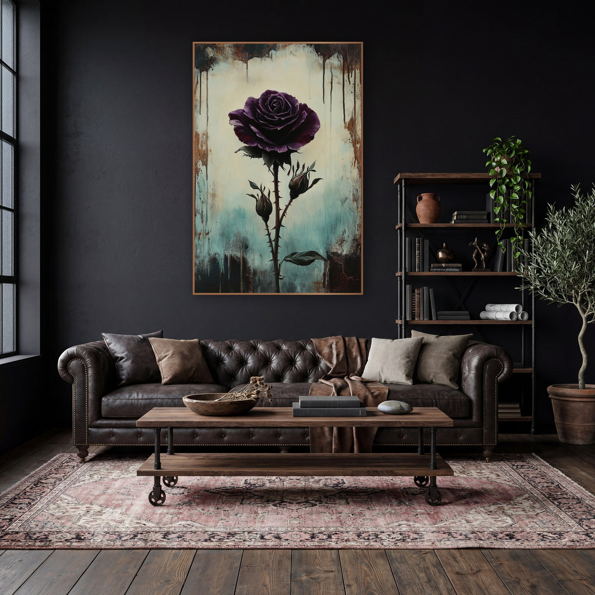 Lone Plum Rose Teal Gothic wall art in a moody dark academia room – dark plum purple rose on a thorny stem with two