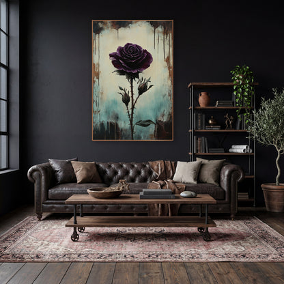 Lone Plum Rose Teal Gothic wall art in a moody dark academia room – dark plum purple rose on a thorny stem with two