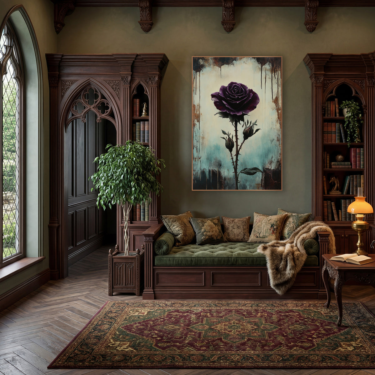 Lone Plum Rose Teal Gothic wall art in a moody dark academia room – dark plum purple rose on a thorny stem with two
