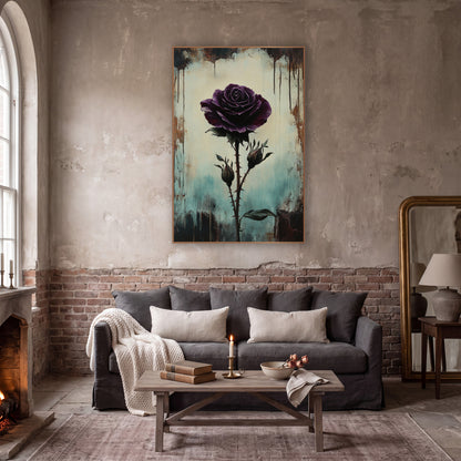 Lone Plum Rose Teal Gothic wall art in a moody dark academia room – dark plum purple rose on a thorny stem with two