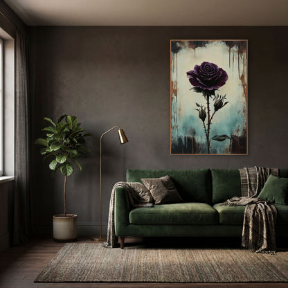 Lone Plum Rose Teal Gothic wall art in a moody dark academia room – dark plum purple rose on a thorny stem with two