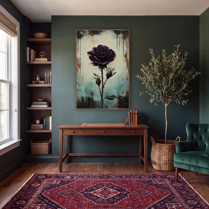 Lone Plum Rose Teal Gothic wall art in a moody dark academia room – dark plum purple rose on a thorny stem with two