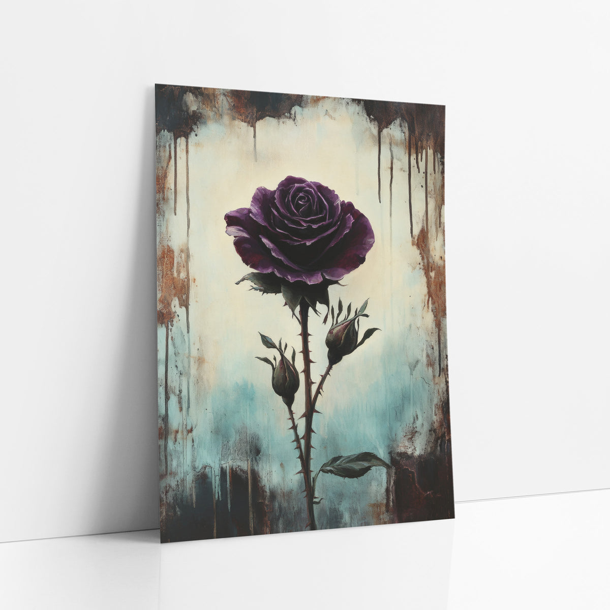 Lone Plum Rose Teal Gothic art print leaning against a white wall – dark plum purple rose on a thorny stem with two buds