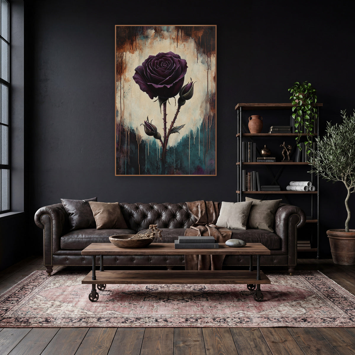 Twin Bud Plum Rose Dramatic wall art in a moody dark academia room – single dark plum rose with two buds on thorny