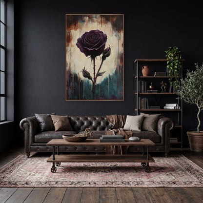 Twin Bud Plum Rose Dramatic wall art in a moody dark academia room – single dark plum rose with two buds on thorny