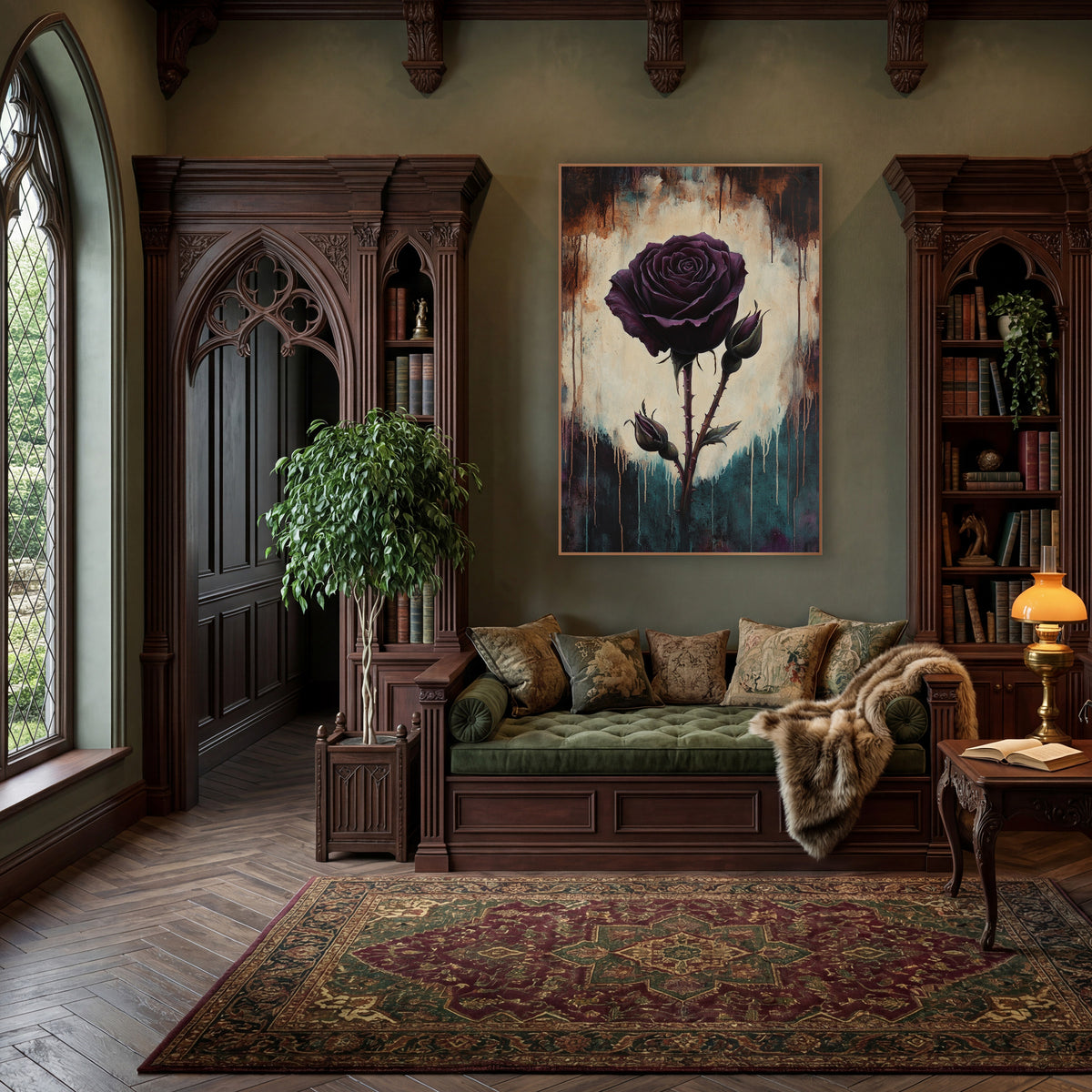 Twin Bud Plum Rose Dramatic wall art in a moody dark academia room – single dark plum rose with two buds on thorny