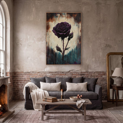 Twin Bud Plum Rose Dramatic wall art in a moody dark academia room – single dark plum rose with two buds on thorny
