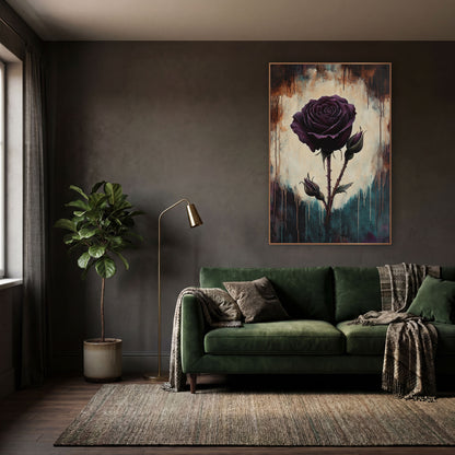 Twin Bud Plum Rose Dramatic wall art in a moody dark academia room – single dark plum rose with two buds on thorny