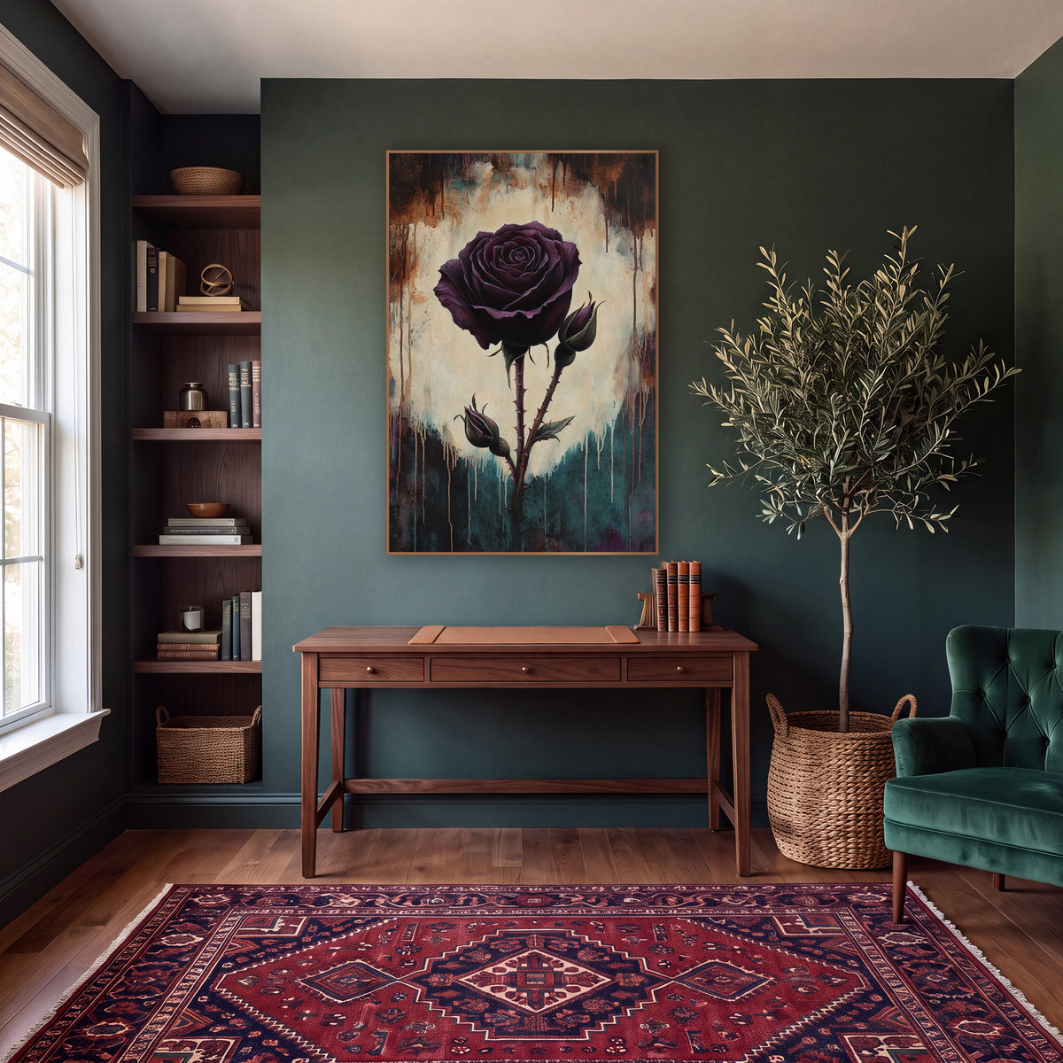 Twin Bud Plum Rose Dramatic wall art in a moody dark academia room – single dark plum rose with two buds on thorny