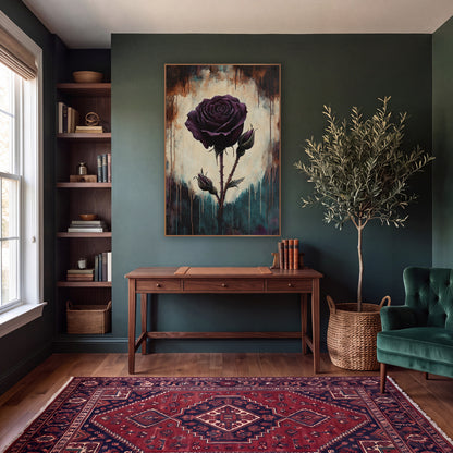 Twin Bud Plum Rose Dramatic wall art in a moody dark academia room – single dark plum rose with two buds on thorny
