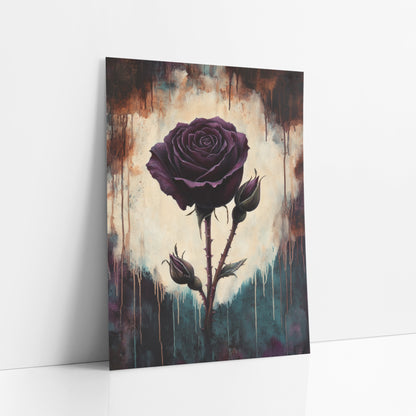 Twin Bud Plum Rose Dramatic art print leaning against a white wall – single dark plum rose with two buds on thorny stems