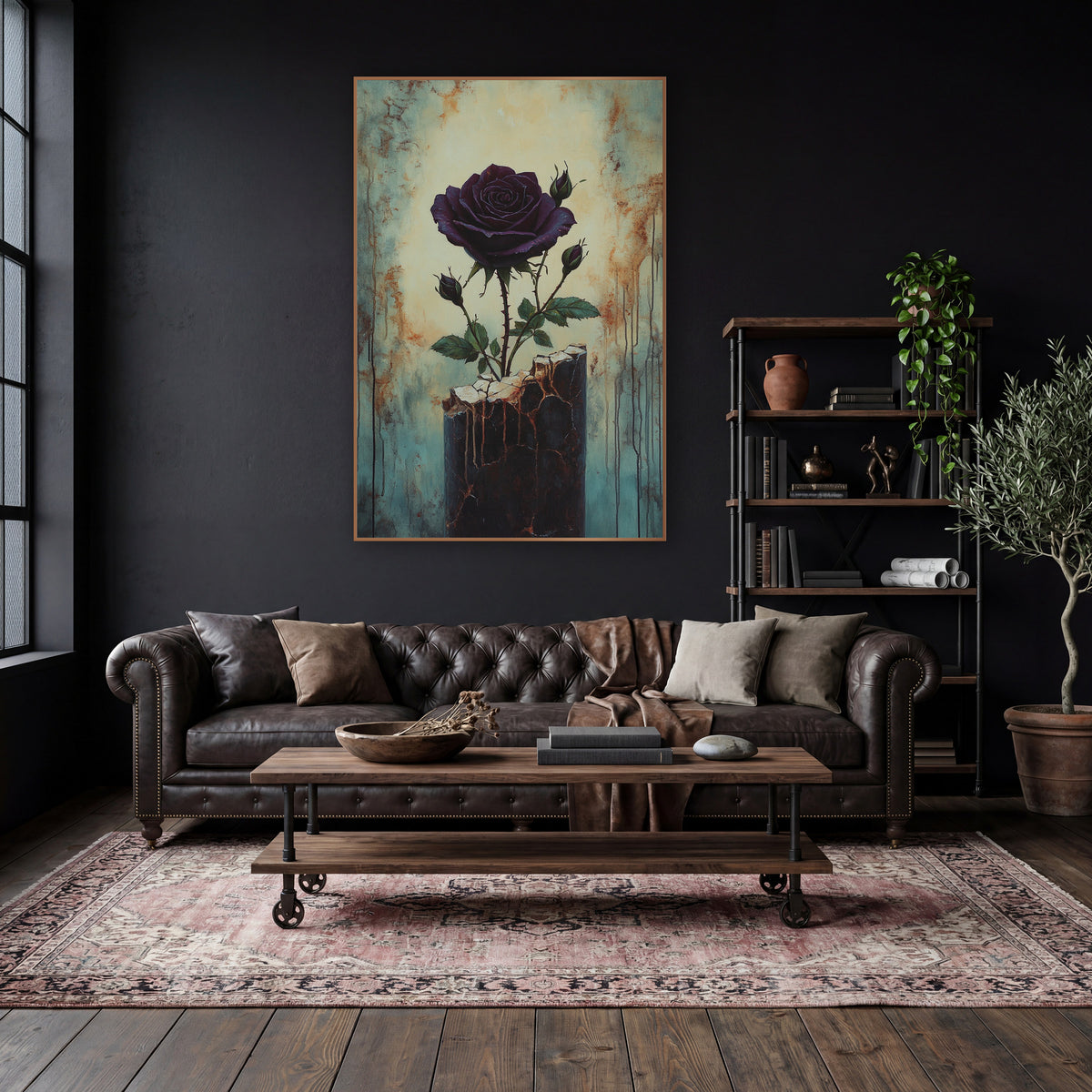 Deep Plum Rose Gothic Botanical wall art in a moody dark academia room – dark purple rose with three buds growing