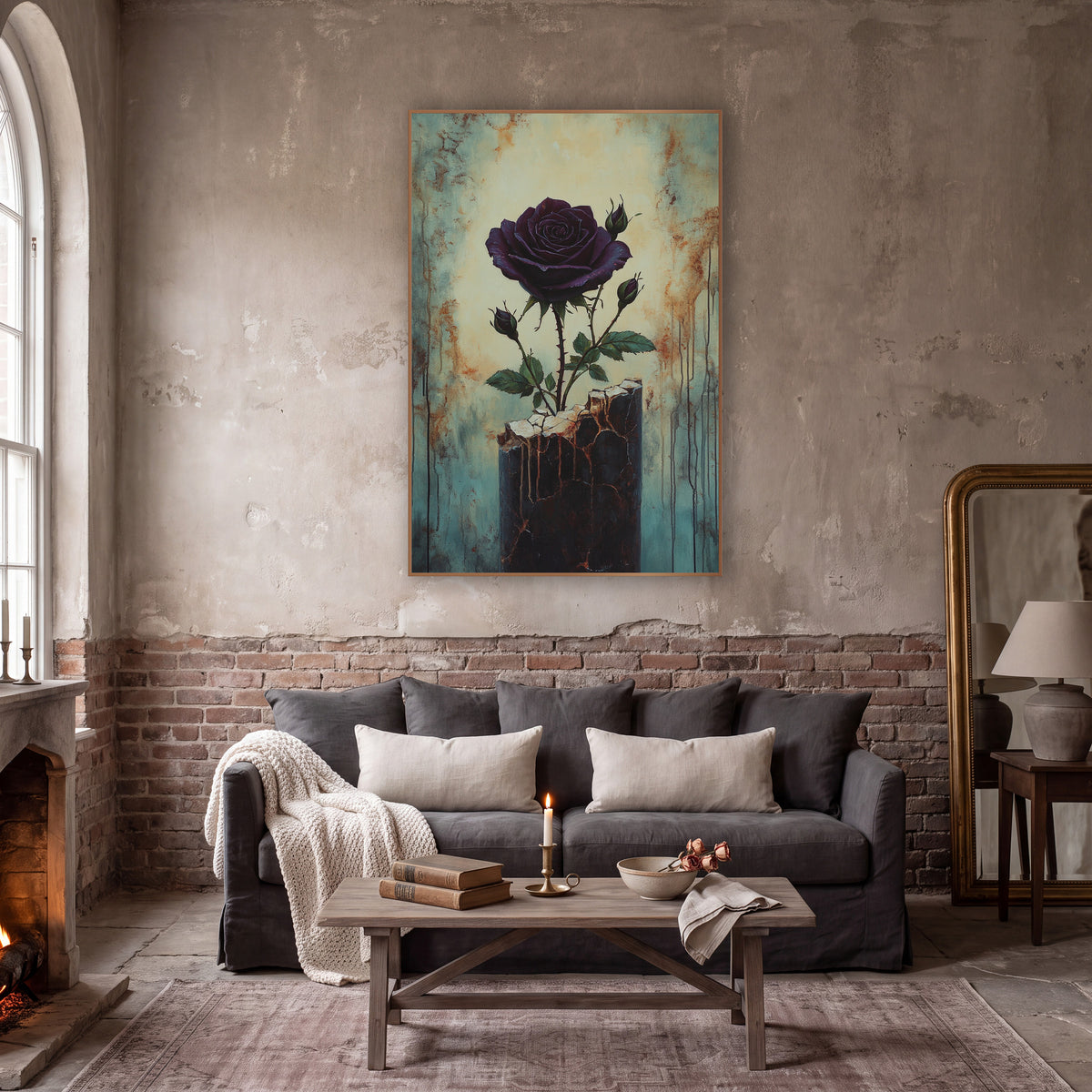 Deep Plum Rose Gothic Botanical wall art in a moody dark academia room – dark purple rose with three buds growing