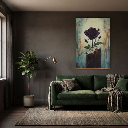Deep Plum Rose Gothic Botanical wall art in a moody dark academia room – dark purple rose with three buds growing