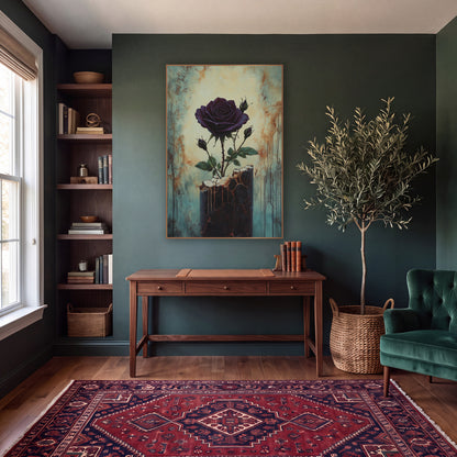 Deep Plum Rose Gothic Botanical wall art in a moody dark academia room – dark purple rose with three buds growing