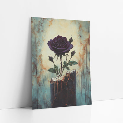 Deep Plum Rose Gothic Botanical art print leaning against a white wall – dark purple rose with three buds growing