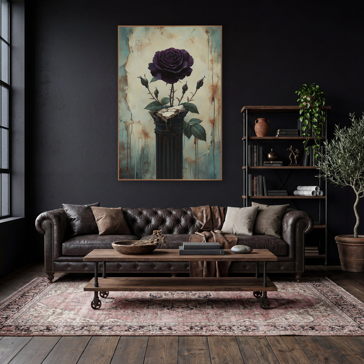 Plum Rose Buds Dark Column Classic wall art in a moody dark academia room – dark plum rose with three buds on a dark