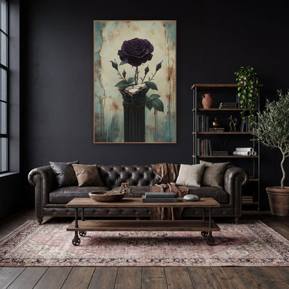 Plum Rose Buds Dark Column Classic wall art in a moody dark academia room – dark plum rose with three buds on a dark