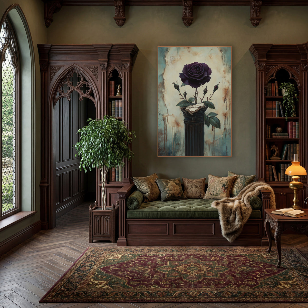 Plum Rose Buds Dark Column Classic wall art in a moody dark academia room – dark plum rose with three buds on a dark