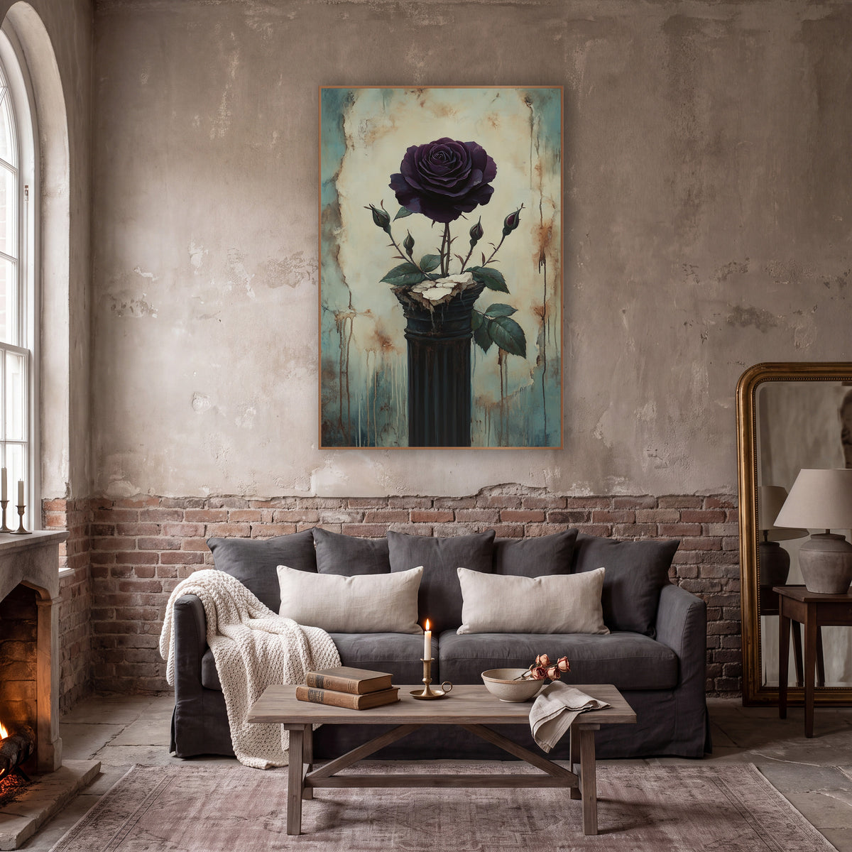 Plum Rose Buds Dark Column Classic wall art in a moody dark academia room – dark plum rose with three buds on a dark