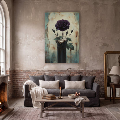 Plum Rose Buds Dark Column Classic wall art in a moody dark academia room – dark plum rose with three buds on a dark
