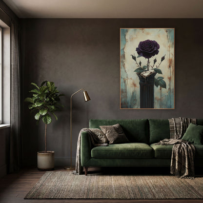 Plum Rose Buds Dark Column Classic wall art in a moody dark academia room – dark plum rose with three buds on a dark