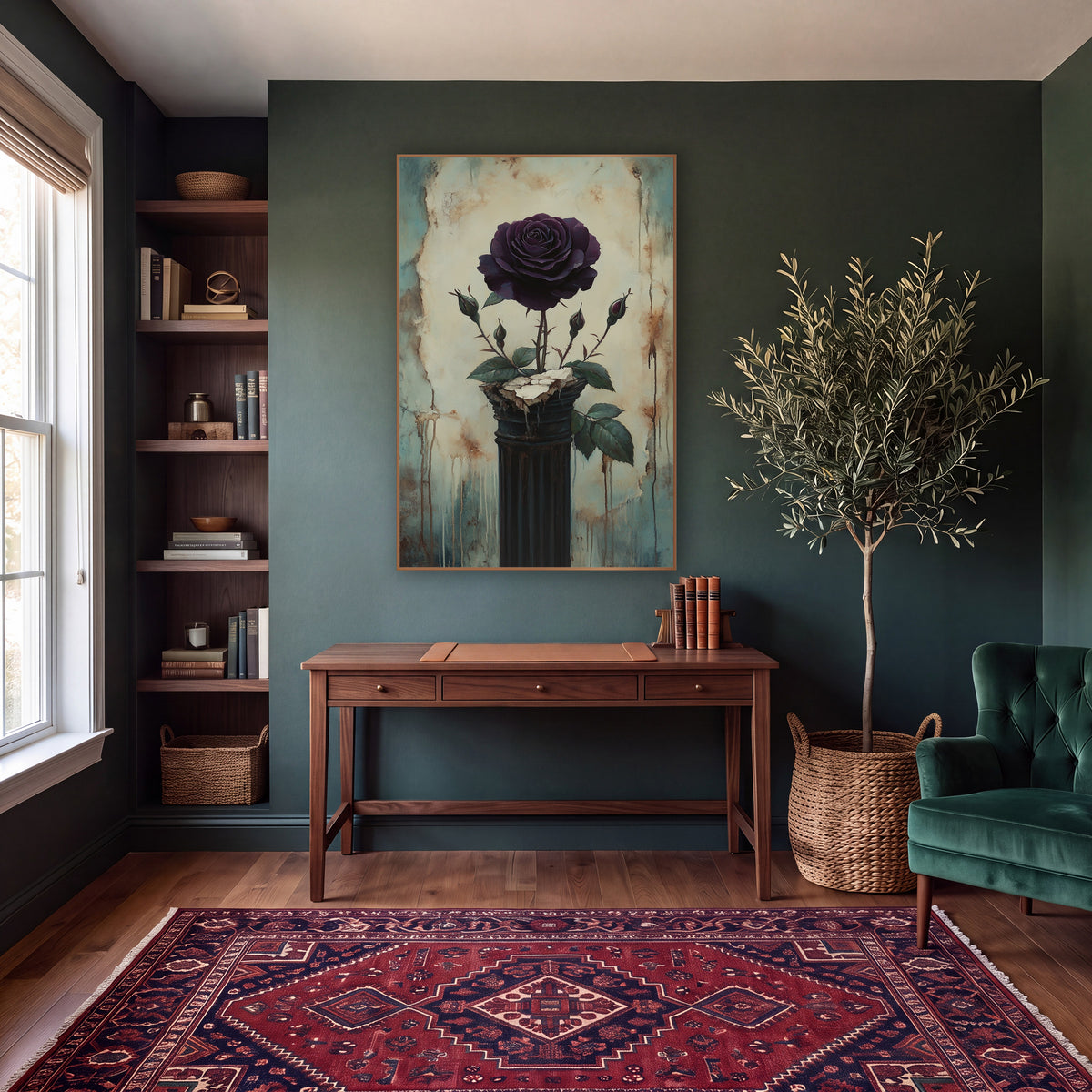Plum Rose Buds Dark Column Classic wall art in a moody dark academia room – dark plum rose with three buds on a dark