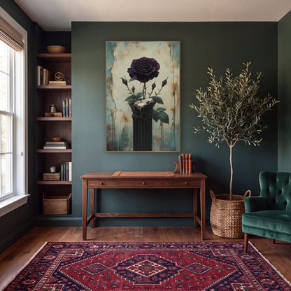 Plum Rose Buds Dark Column Classic wall art in a moody dark academia room – dark plum rose with three buds on a dark