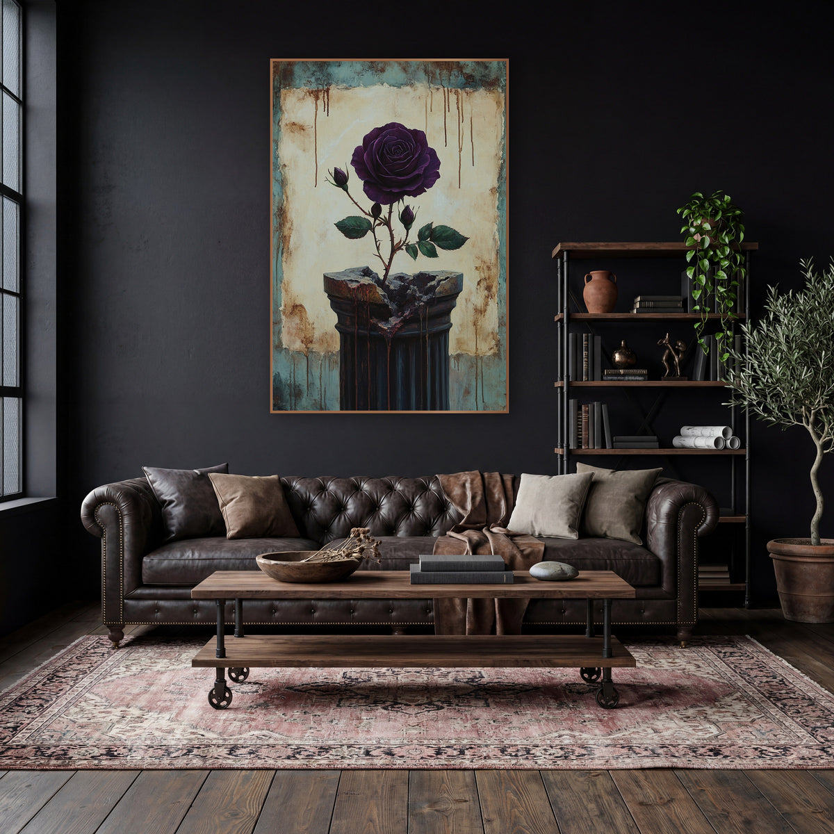 Rose Splitting Broken Column Gothic wall art in a moody dark academia room – deep purple rose with buds and green