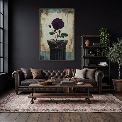 Rose Splitting Broken Column Gothic wall art in a moody dark academia room – deep purple rose with buds and green