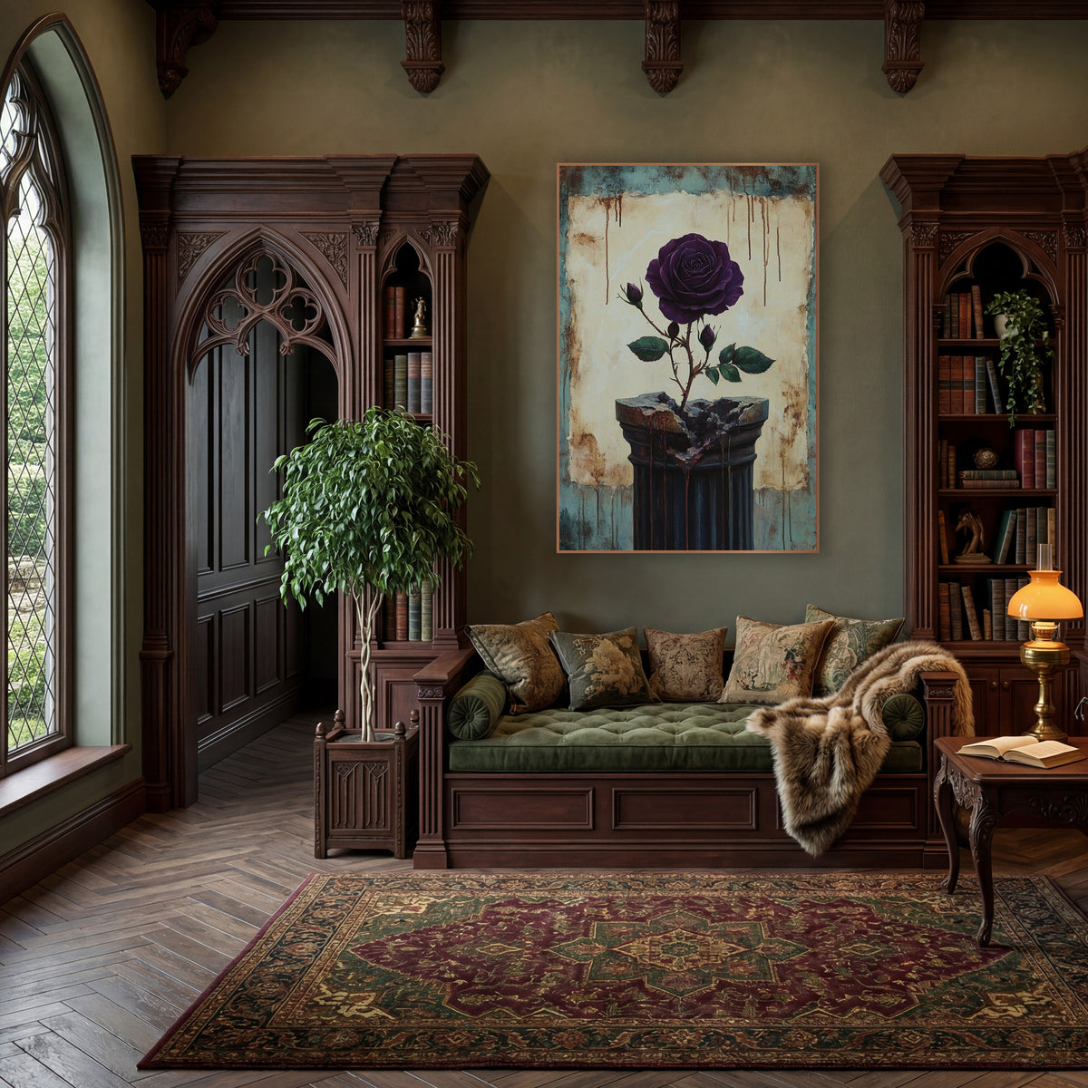 Rose Splitting Broken Column Gothic wall art in a moody dark academia room – deep purple rose with buds and green