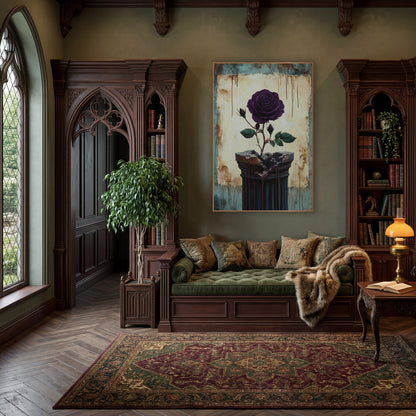Rose Splitting Broken Column Gothic wall art in a moody dark academia room – deep purple rose with buds and green