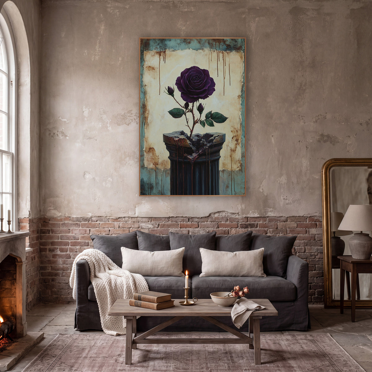 Rose Splitting Broken Column Gothic wall art in a moody dark academia room – deep purple rose with buds and green
