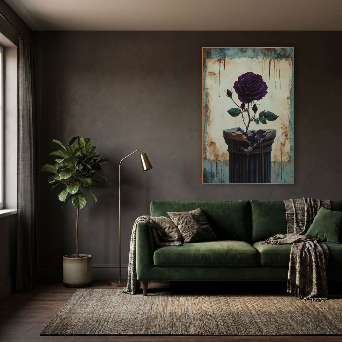 Rose Splitting Broken Column Gothic wall art in a moody dark academia room – deep purple rose with buds and green