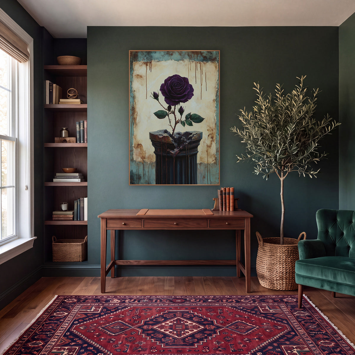 Rose Splitting Broken Column Gothic wall art in a moody dark academia room – deep purple rose with buds and green