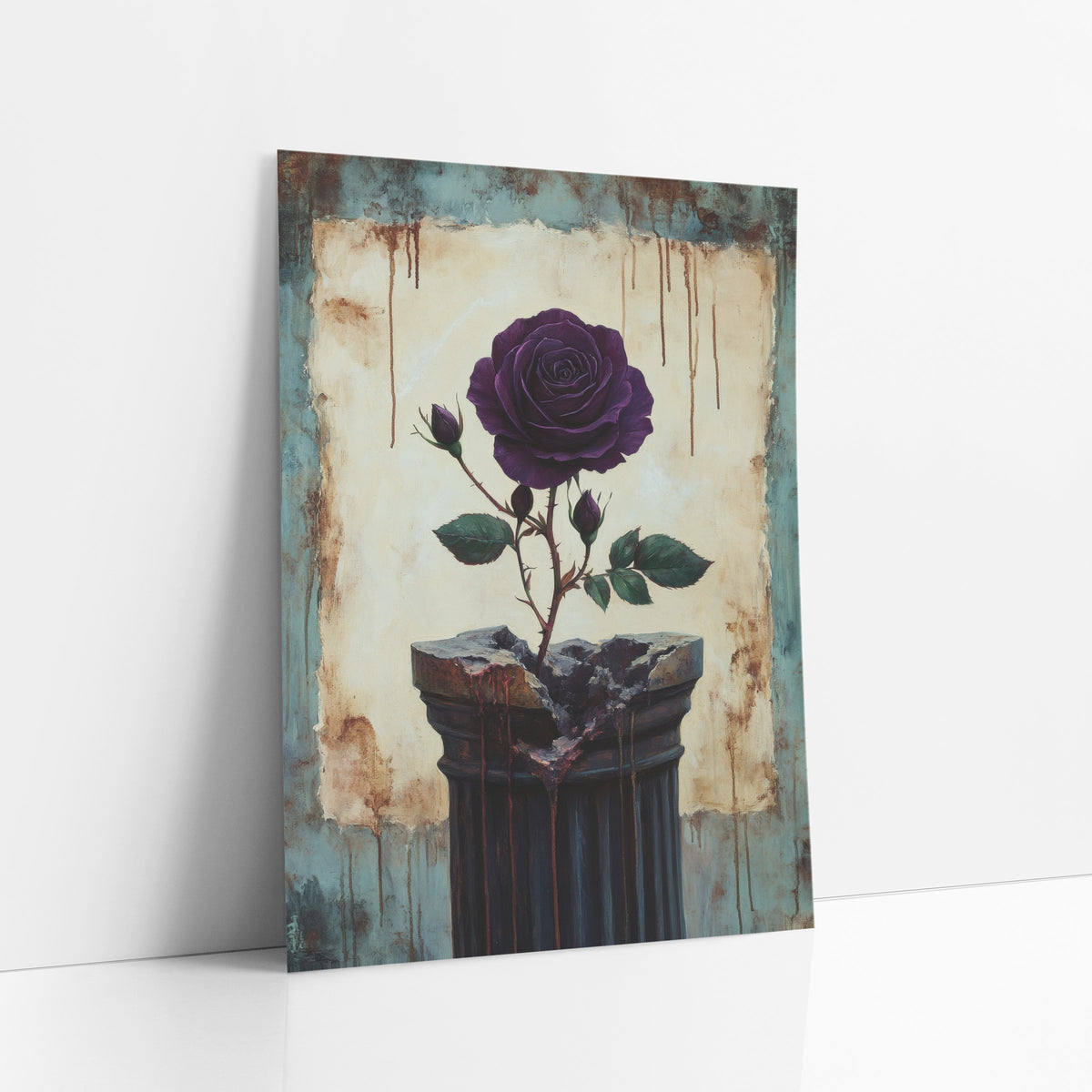 Rose Splitting Broken Column Gothic art print leaning against a white wall – deep purple rose with buds and green leaves