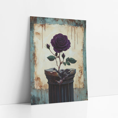 Rose Splitting Broken Column Gothic art print leaning against a white wall – deep purple rose with buds and green leaves