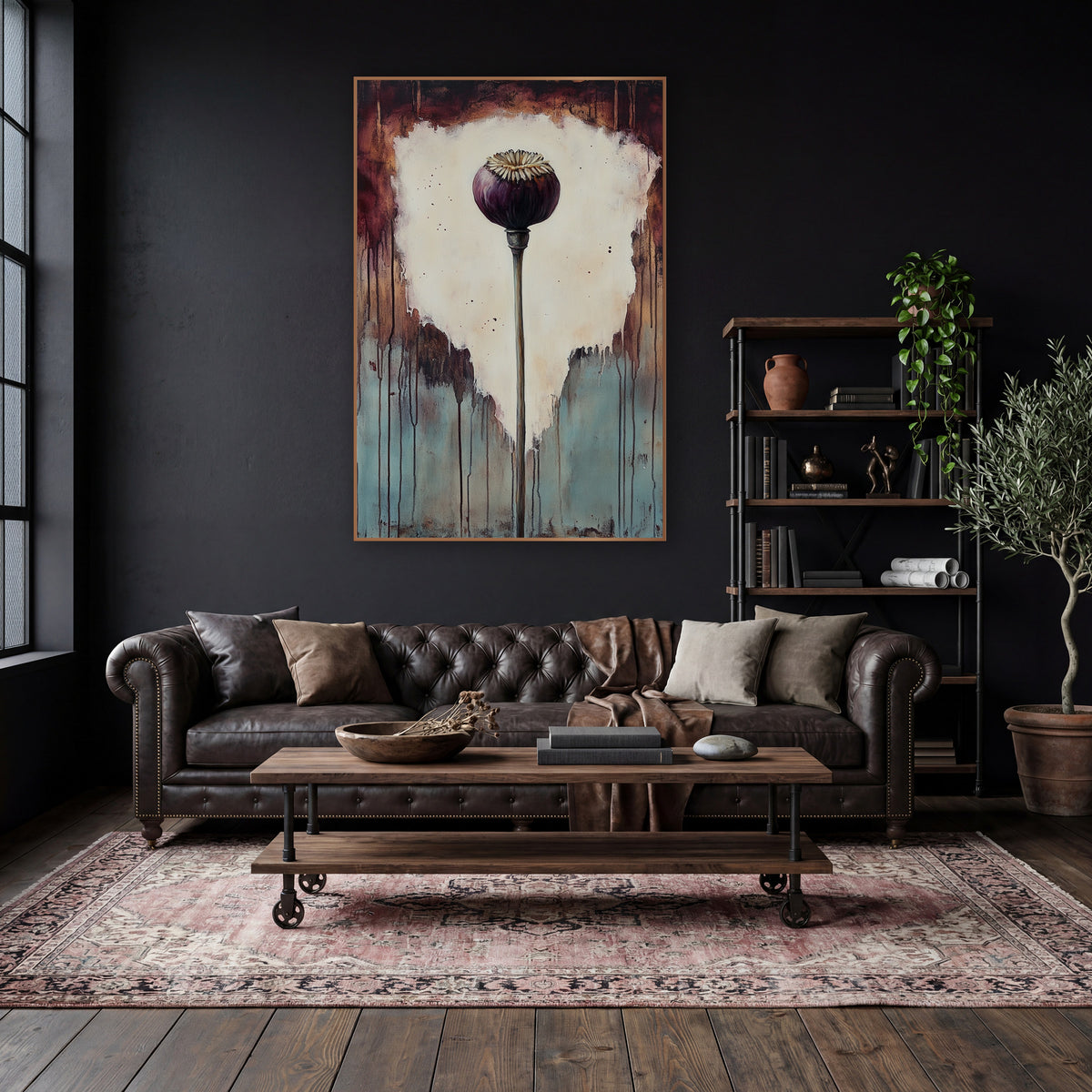Plum Poppy Pod Dark Academia wall art in a moody dark academia room – plum-purple poppy seed pod on a tall stem