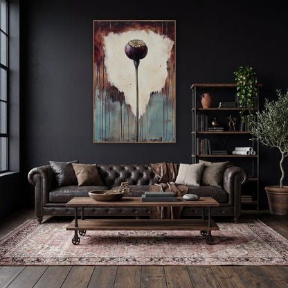 Plum Poppy Pod Dark Academia wall art in a moody dark academia room – plum-purple poppy seed pod on a tall stem
