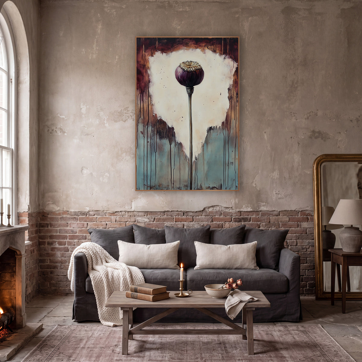Plum Poppy Pod Dark Academia wall art in a moody dark academia room – plum-purple poppy seed pod on a tall stem
