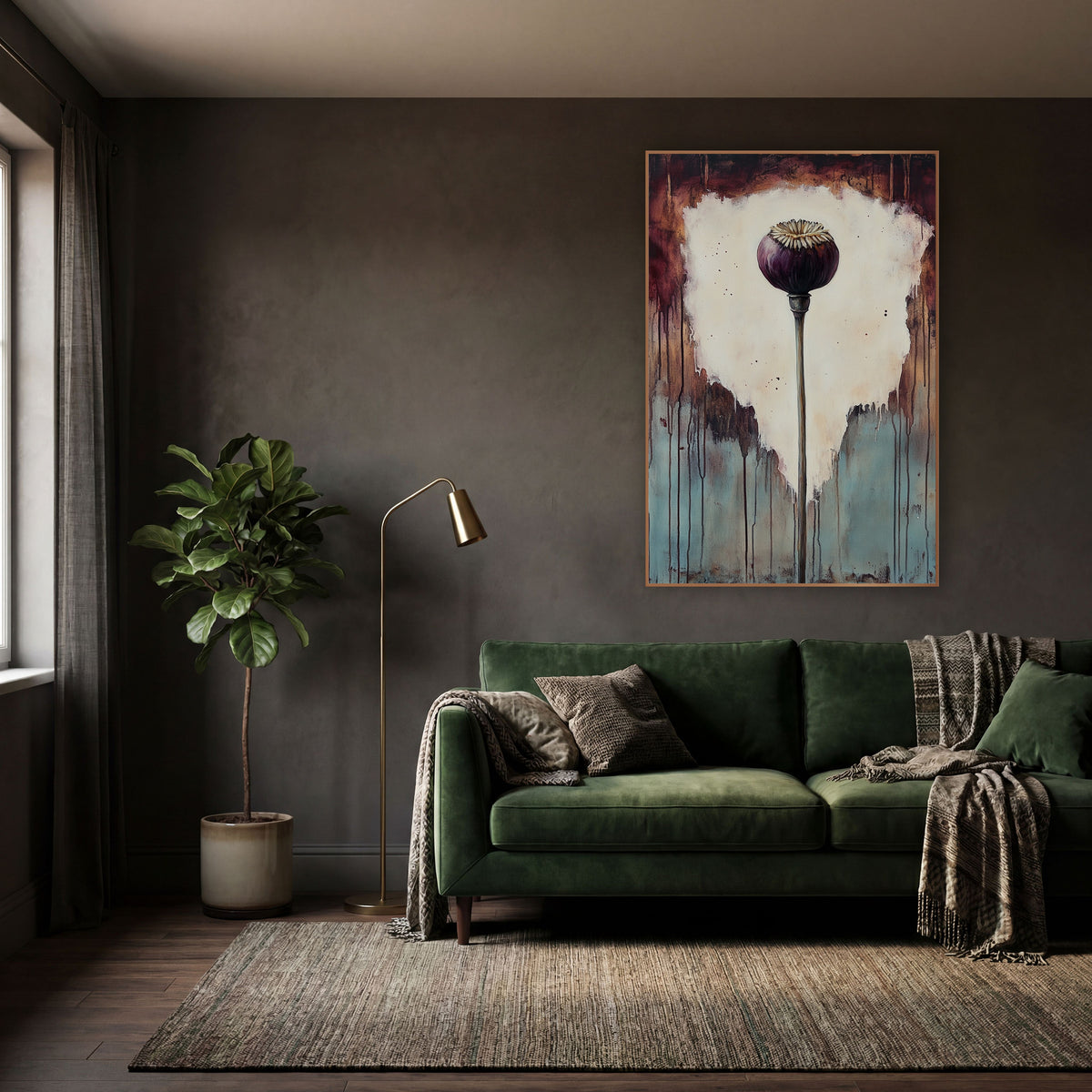 Plum Poppy Pod Dark Academia wall art in a moody dark academia room – plum-purple poppy seed pod on a tall stem