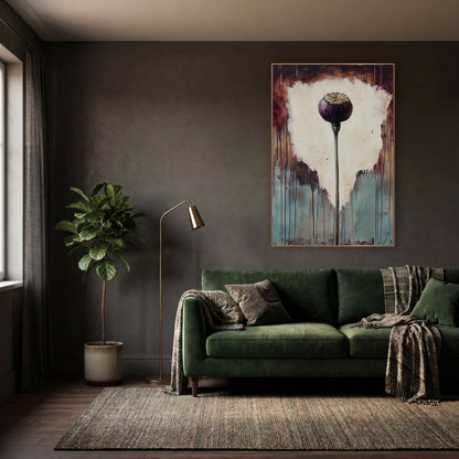 Plum Poppy Pod Dark Academia wall art in a moody dark academia room – plum-purple poppy seed pod on a tall stem