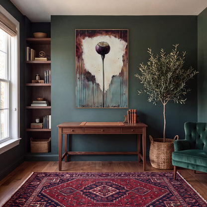 Plum Poppy Pod Dark Academia wall art in a moody dark academia room – plum-purple poppy seed pod on a tall stem