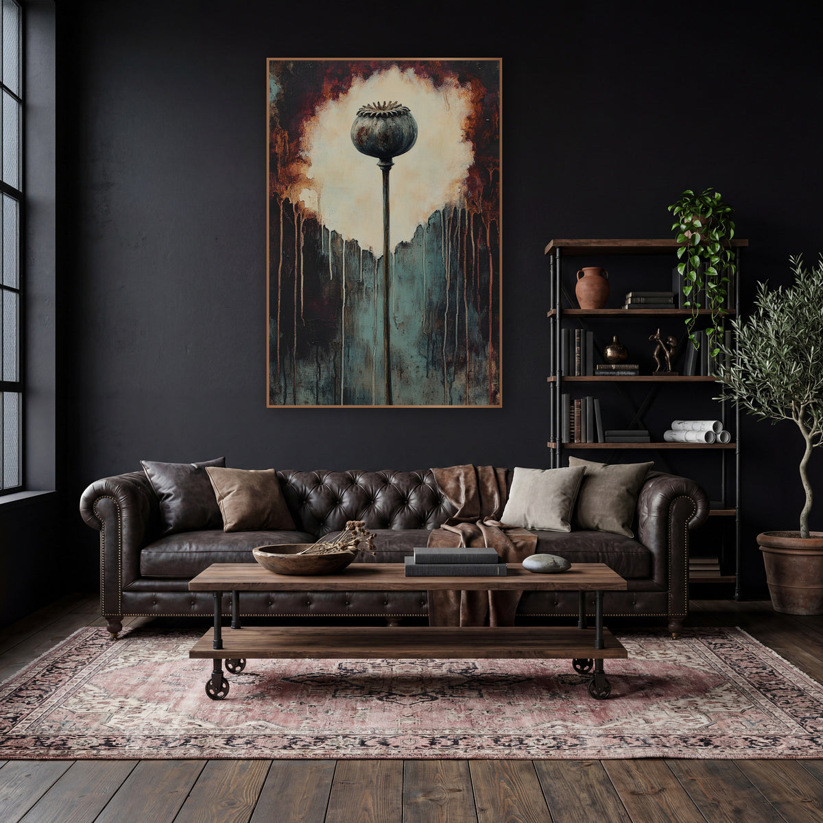 Dried Poppy Pod Dark Botanical wall art in a moody dark academia room – dried poppy seed pod on a tall stem before