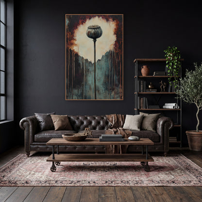 Dried Poppy Pod Dark Botanical wall art in a moody dark academia room – dried poppy seed pod on a tall stem before